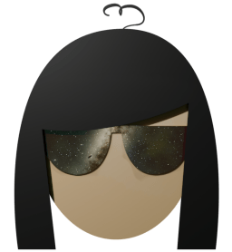 Site logo, minimalistic face with long hair, and sunglasses with a galaxy reflected in them.